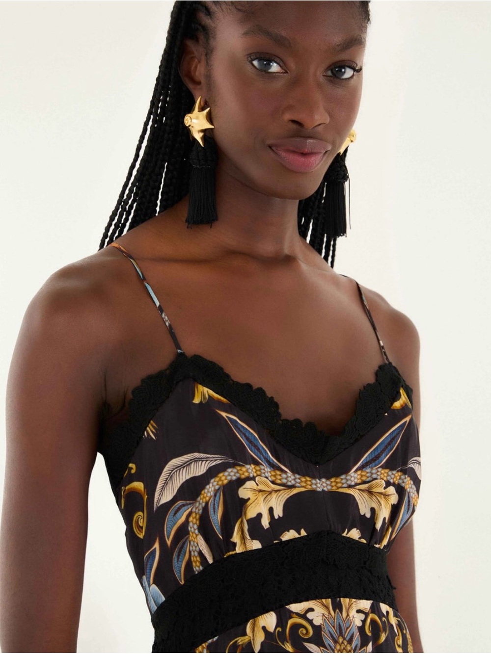 BNWT Farm Rio Black Floral Lace Trim Maxi Dress - Blue & Gold Print - Picture 13 of 14